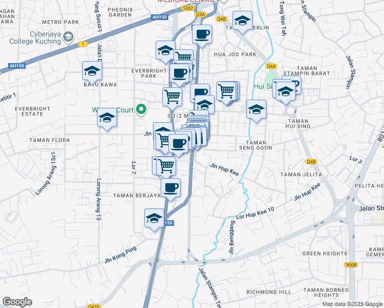 map of restaurants, bars, coffee shops, grocery stores, and more near Jalan Datuk Tawi Sli in Kuching