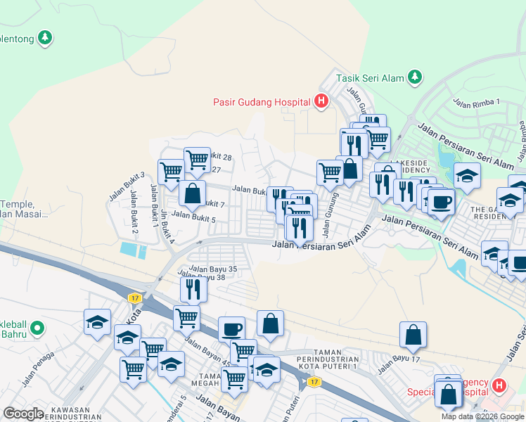 map of restaurants, bars, coffee shops, grocery stores, and more near Jalan Bukit 11 in Masai