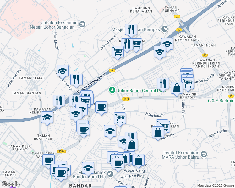 map of restaurants, bars, coffee shops, grocery stores, and more near 4 Jalan Bukit Aliff Utama in Johor Bahru