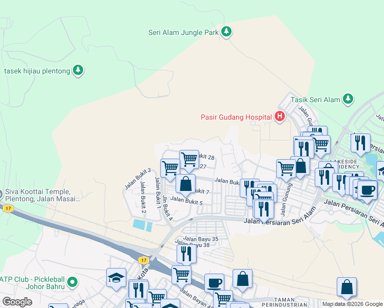 map of restaurants, bars, coffee shops, grocery stores, and more near Jalan Bukit 11 in Masai