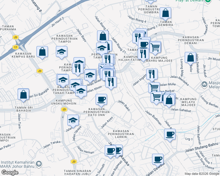 map of restaurants, bars, coffee shops, grocery stores, and more near Jalan Ungku Mohsin in Johor Bahru