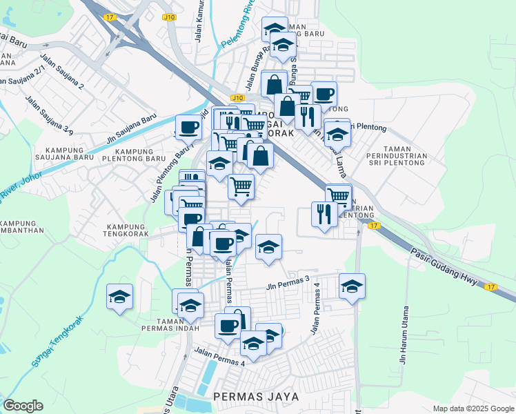 map of restaurants, bars, coffee shops, grocery stores, and more near Jalan Permas 2 in Masai