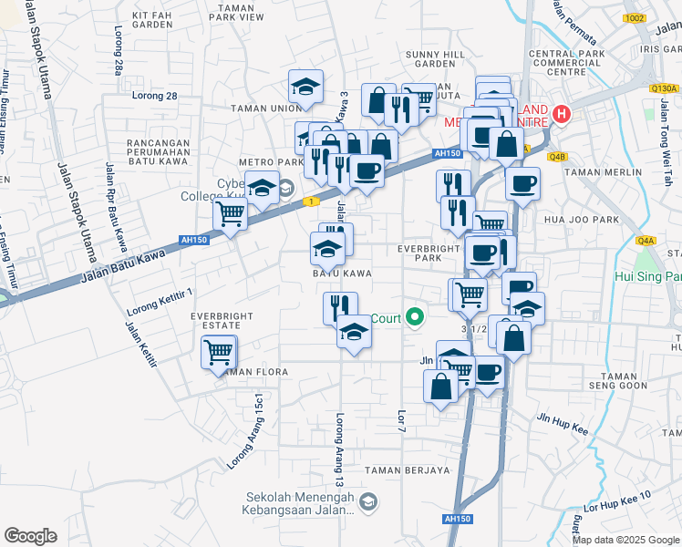 map of restaurants, bars, coffee shops, grocery stores, and more near Jalan Dogan in Kuching