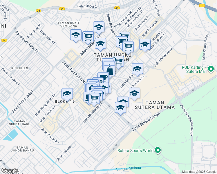 map of restaurants, bars, coffee shops, grocery stores, and more near Jalan Bentara 19 in Skudai