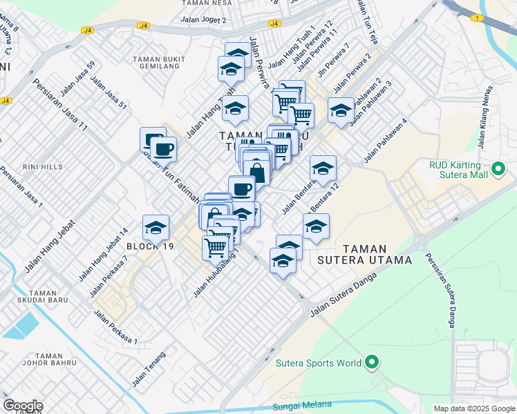 map of restaurants, bars, coffee shops, grocery stores, and more near Jalan Bentara 19 in Skudai