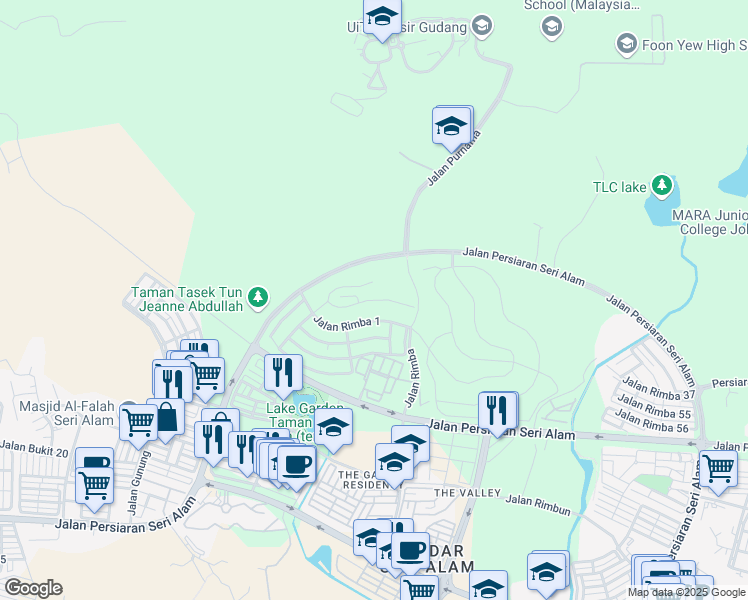 map of restaurants, bars, coffee shops, grocery stores, and more near Jalan Rimba 13 in Masai