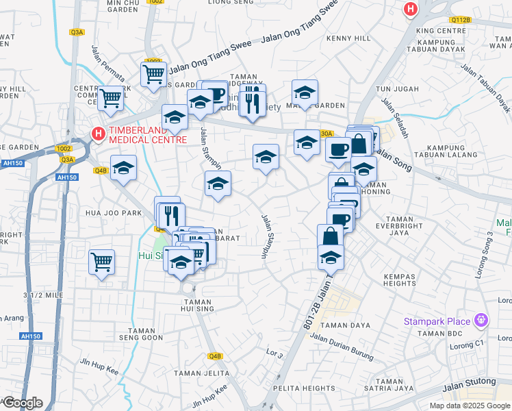 map of restaurants, bars, coffee shops, grocery stores, and more near Jalan Stampin in Kuching