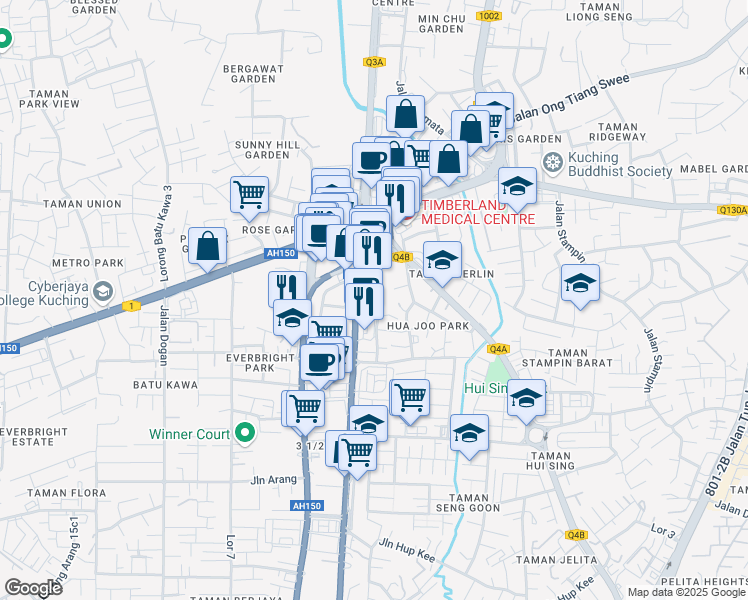 map of restaurants, bars, coffee shops, grocery stores, and more near 3 Lorong Hua Joo Park 4a in Kuching