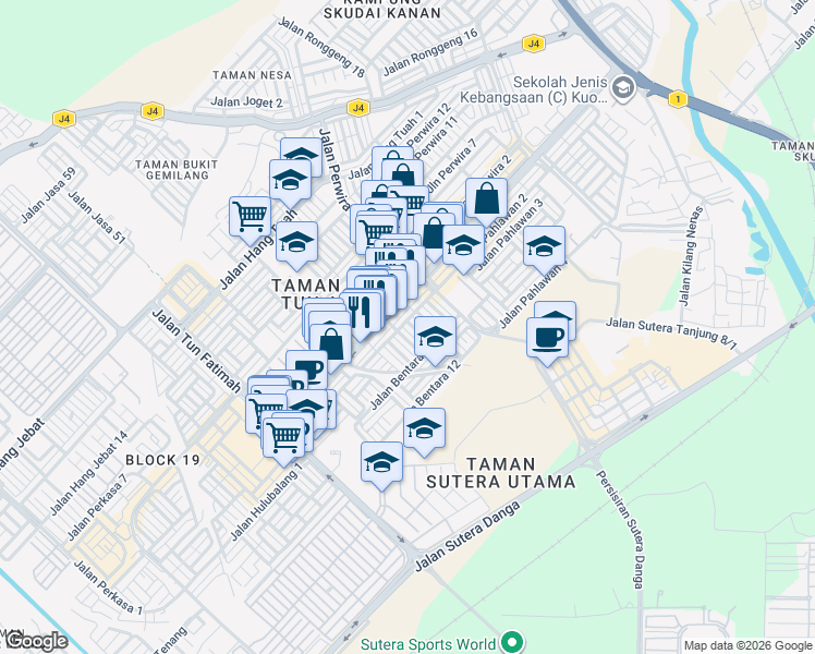 map of restaurants, bars, coffee shops, grocery stores, and more near 2 Jalan Bentara 6 in Skudai