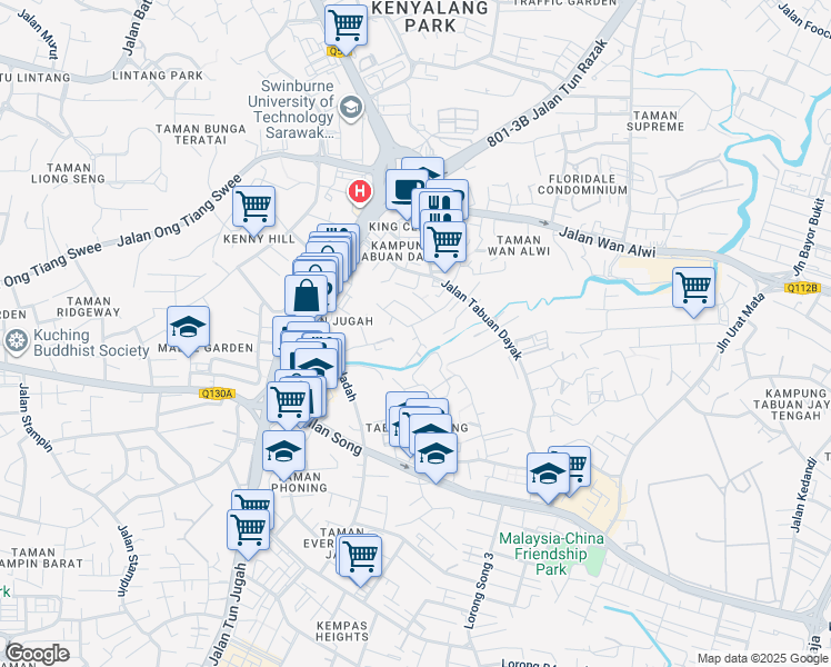 map of restaurants, bars, coffee shops, grocery stores, and more near Lorong Tabuan Dayak 10 in Kuching