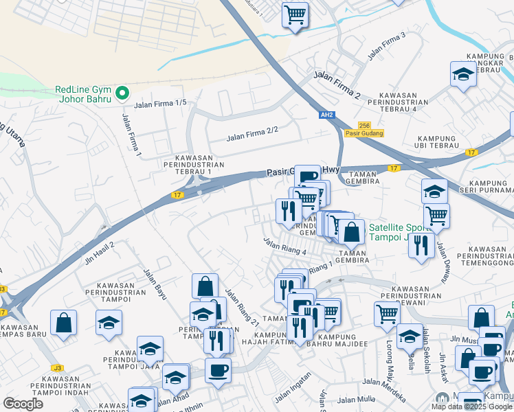 map of restaurants, bars, coffee shops, grocery stores, and more near Jalan Riang 21 in Johor Bahru