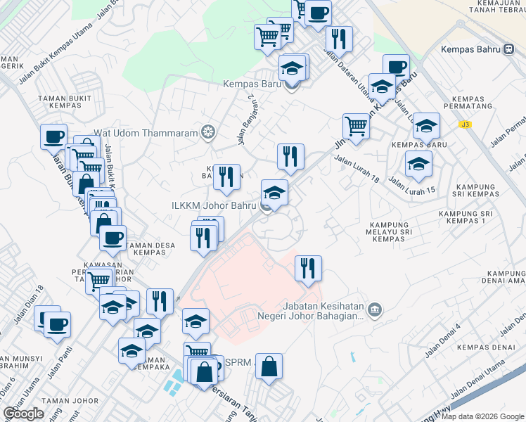 map of restaurants, bars, coffee shops, grocery stores, and more near Persiaran Kempas Baru in Johor Bahru