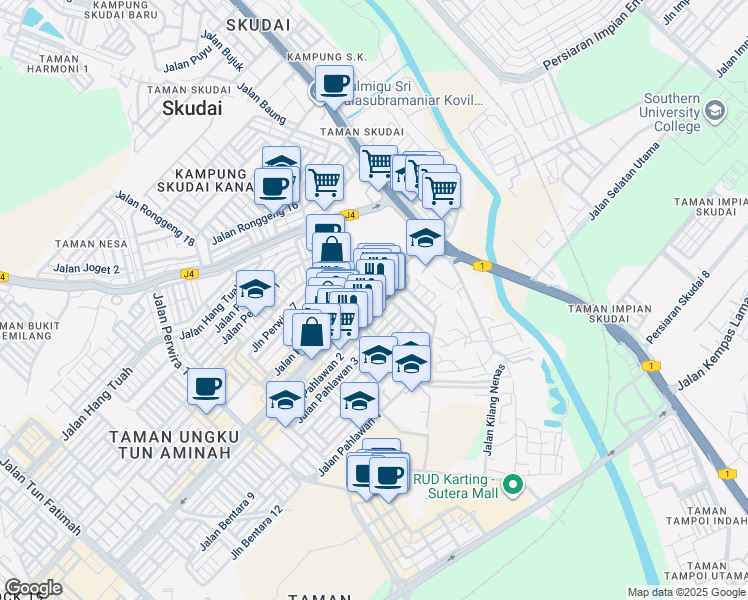 map of restaurants, bars, coffee shops, grocery stores, and more near Jalan Laksamana 1 in Skudai