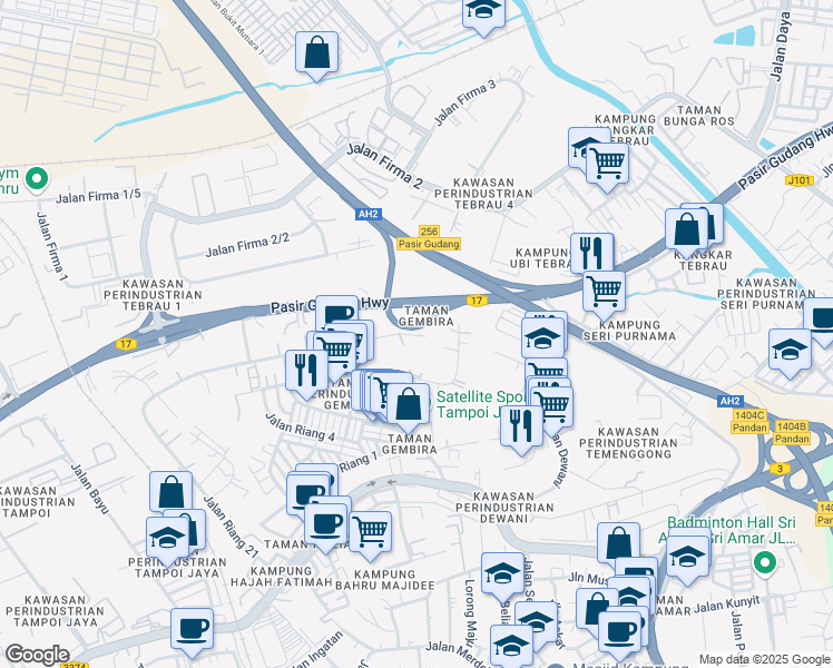 map of restaurants, bars, coffee shops, grocery stores, and more near Jalan Riang 21 in Johor Bahru