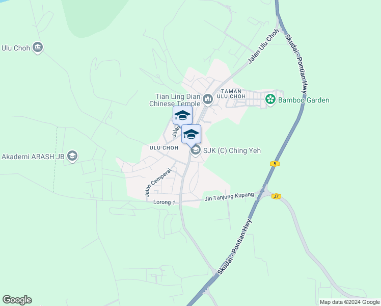 map of restaurants, bars, coffee shops, grocery stores, and more near Jalan Ulu Choh in Pekan Nanas