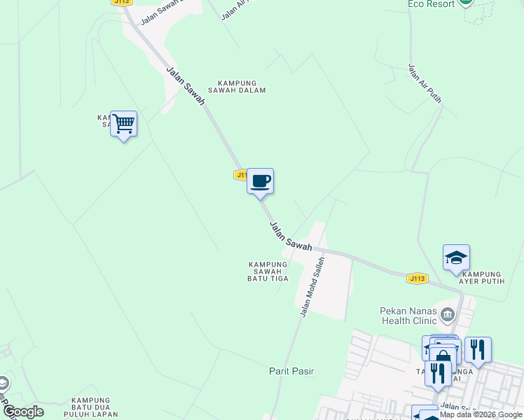 map of restaurants, bars, coffee shops, grocery stores, and more near Jalan Sawah in Pekan Nanas