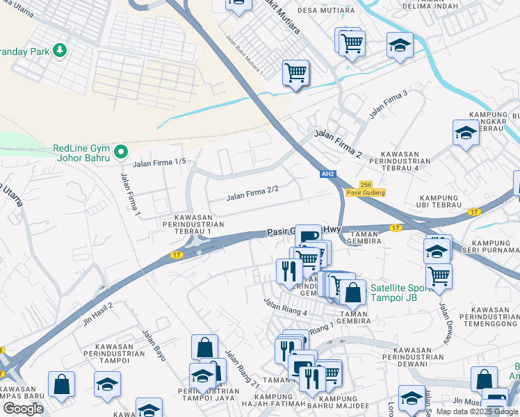 map of restaurants, bars, coffee shops, grocery stores, and more near Jalan Firma 2/1 in Johor Bahru