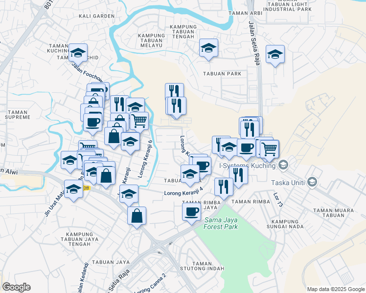 map of restaurants, bars, coffee shops, grocery stores, and more near Lorong Keranji 4f in Kuching