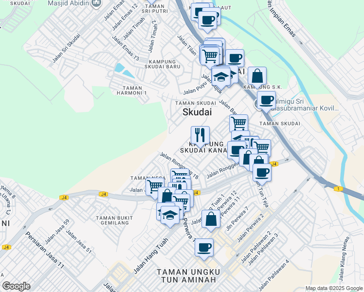 map of restaurants, bars, coffee shops, grocery stores, and more near Jalan Bukit Skudai 6 in Skudai