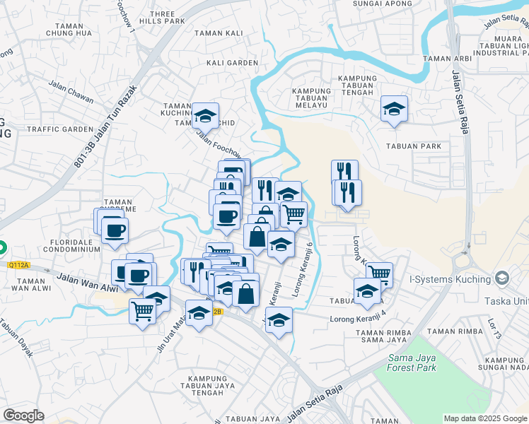 map of restaurants, bars, coffee shops, grocery stores, and more near 1372 Lorong Bayor Bukit 18 in Kuching