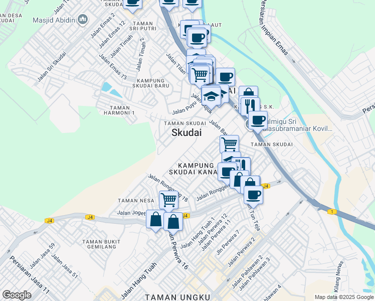 map of restaurants, bars, coffee shops, grocery stores, and more near Jalan Bukit Skudai 2 in Skudai