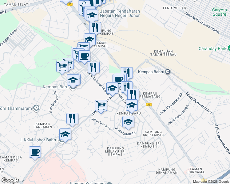 map of restaurants, bars, coffee shops, grocery stores, and more near Persiaran Kempas Baru in Johor Bahru