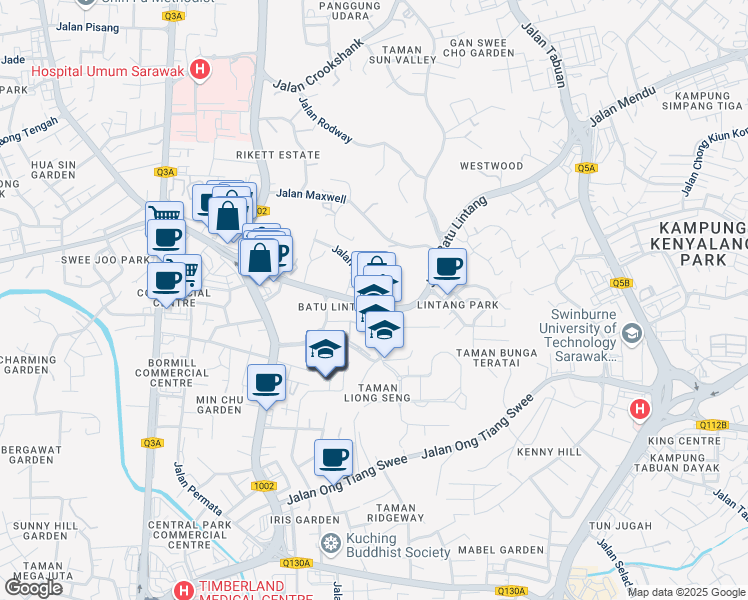 map of restaurants, bars, coffee shops, grocery stores, and more near 35 Jalan Batu Lintang in Kuching