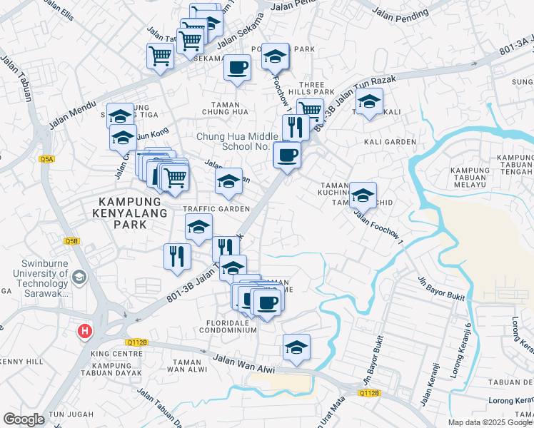 map of restaurants, bars, coffee shops, grocery stores, and more near 20 Jalan Chawan in Kuching