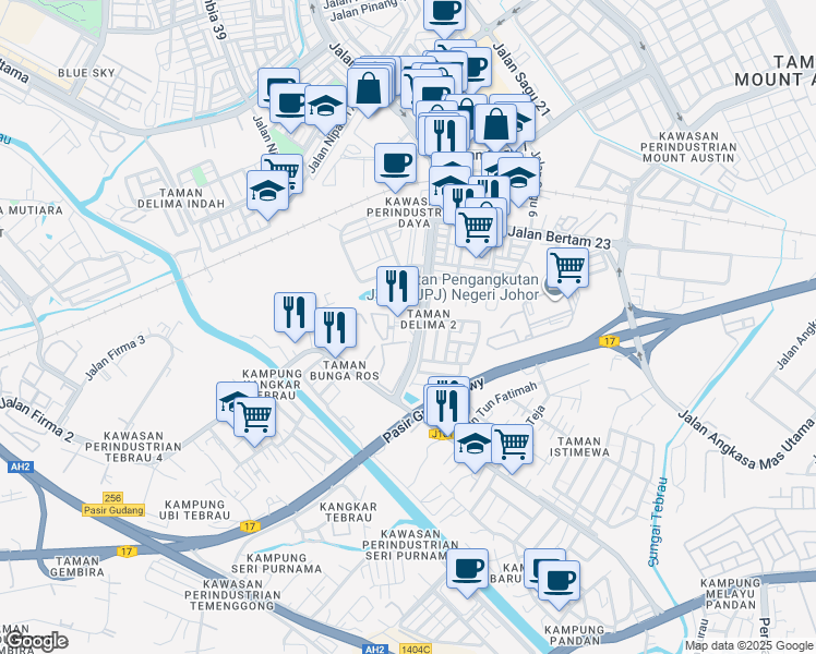 map of restaurants, bars, coffee shops, grocery stores, and more near Jalan Delima 3/1 in Johor Bahru