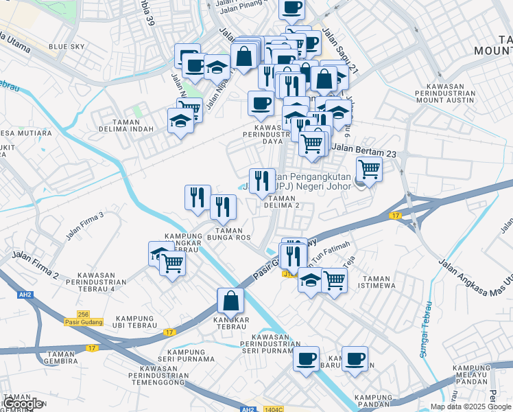 map of restaurants, bars, coffee shops, grocery stores, and more near Jalan Delima 3/1 in Johor Bahru