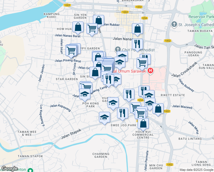 map of restaurants, bars, coffee shops, grocery stores, and more near 98 Jalan Sungai Maong Tengah in Kuching
