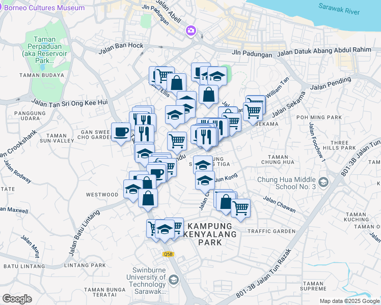 map of restaurants, bars, coffee shops, grocery stores, and more near Jalan Mendu in Kuching