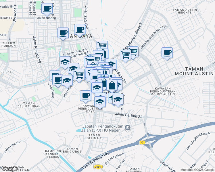 map of restaurants, bars, coffee shops, grocery stores, and more near 23 Jalan Sagu 16 in Johor Bahru