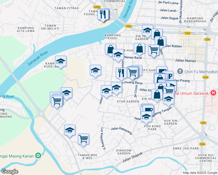 map of restaurants, bars, coffee shops, grocery stores, and more near 201 Lorong Pisang Barat 5 in Kuching
