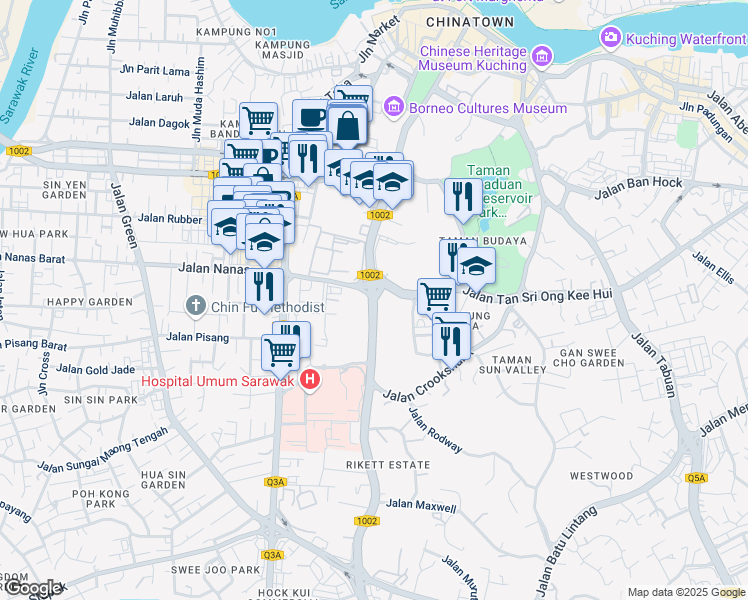 map of restaurants, bars, coffee shops, grocery stores, and more near Jalan Tun Abang Haji Openg in Kuching
