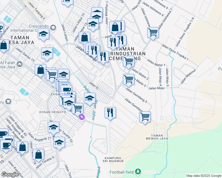 map of restaurants, bars, coffee shops, grocery stores, and more near Jalan EJ 5/10 in Johor Bahru