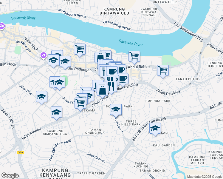 map of restaurants, bars, coffee shops, grocery stores, and more near 42 Jalan Pending in Kuching