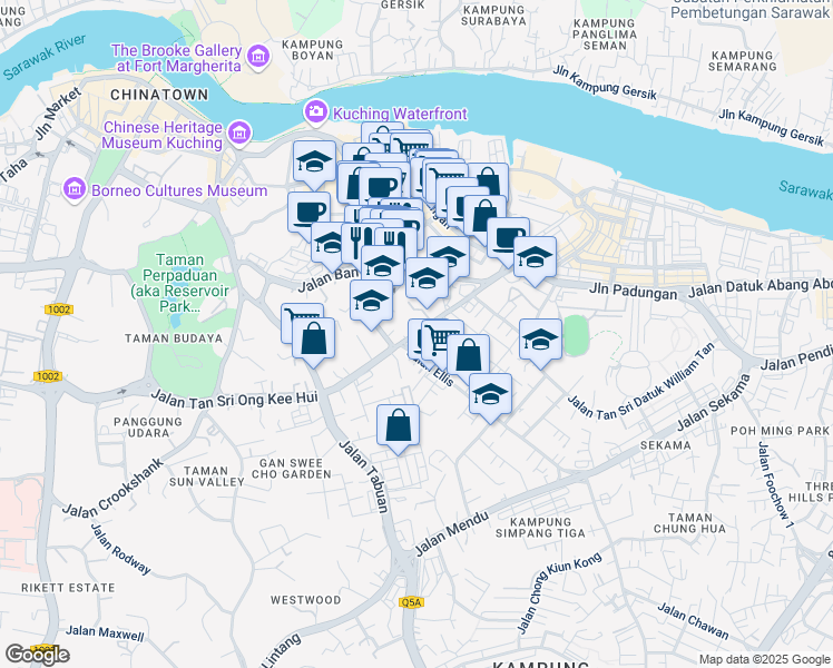 map of restaurants, bars, coffee shops, grocery stores, and more near Jalan Central Timur in Kuching