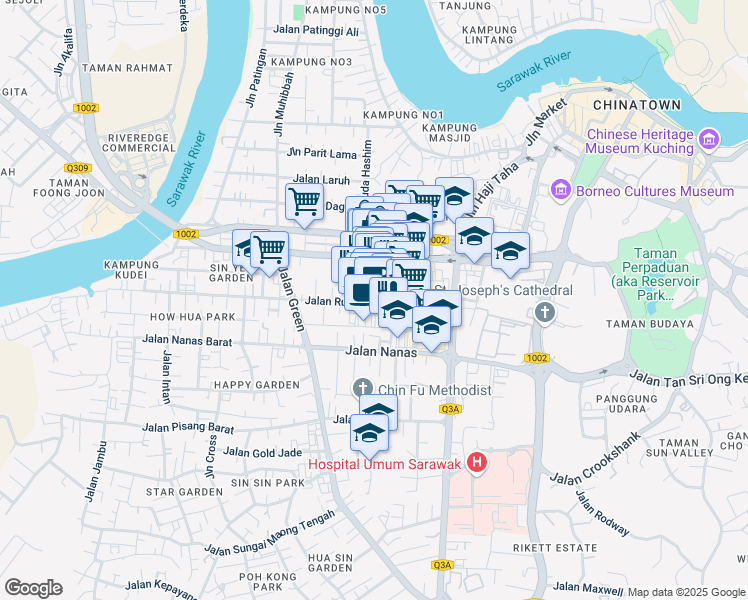map of restaurants, bars, coffee shops, grocery stores, and more near Jalan Rubber & Lorong Rubber 10 in Kuching