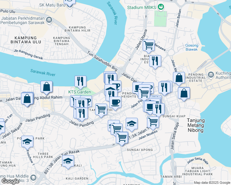 map of restaurants, bars, coffee shops, grocery stores, and more near Jalan Kwong Lee Bank in Kuching