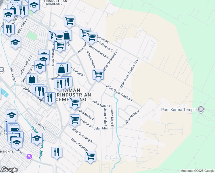 map of restaurants, bars, coffee shops, grocery stores, and more near Jalan Desa Tropika 1 in Ulu Tiram