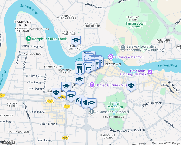 map of restaurants, bars, coffee shops, grocery stores, and more near 8 Jalan Gartak in Kuching
