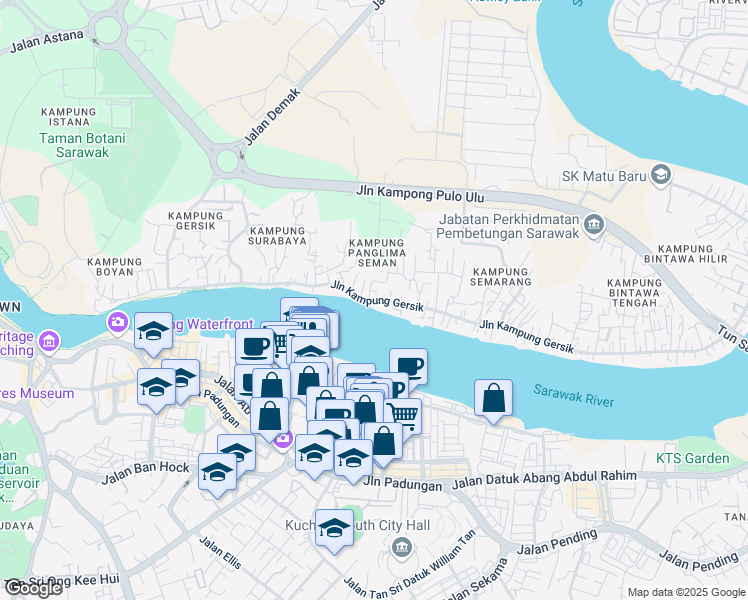 map of restaurants, bars, coffee shops, grocery stores, and more near Jalan Brooke in Kuching