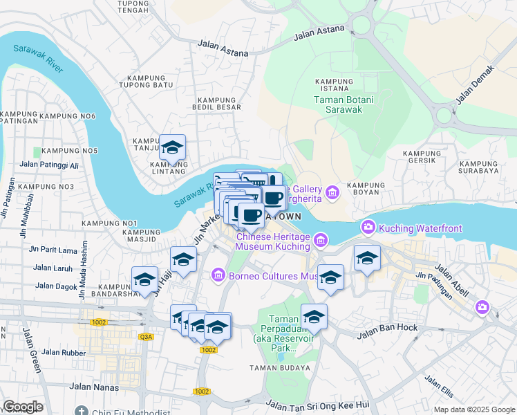 map of restaurants, bars, coffee shops, grocery stores, and more near 2 Jalan Gambir in Kuching