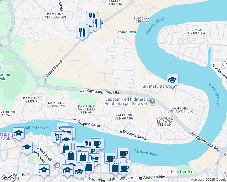 map of restaurants, bars, coffee shops, grocery stores, and more near Jalan Tun Datuk Patinggi Abang Haji Muhammad Salahuddin in Kuching