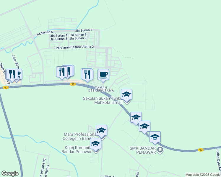 map of restaurants, bars, coffee shops, grocery stores, and more near Jalan Semarak 4 in Bandar Penawar