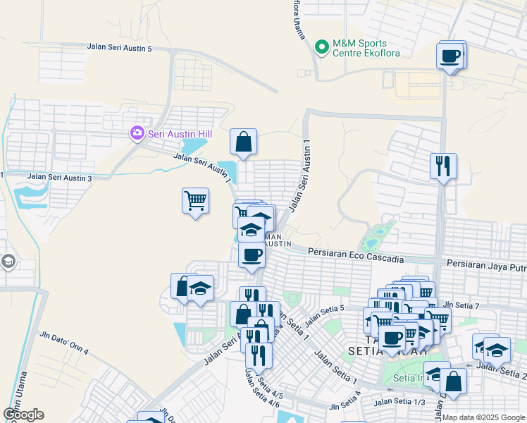map of restaurants, bars, coffee shops, grocery stores, and more near Jalan Seri Austin 6/7 in Johor Bahru
