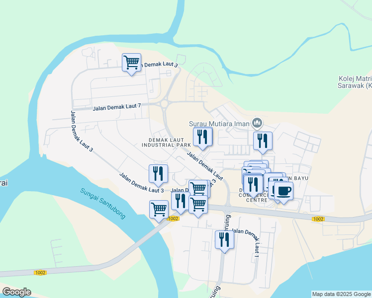 map of restaurants, bars, coffee shops, grocery stores, and more near Jalan Demak Laut in Kuching