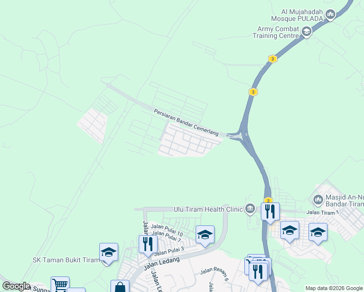 map of restaurants, bars, coffee shops, grocery stores, and more near Jalan Bandar Cemerlang 1/4 in Ulu Tiram
