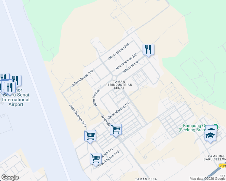 map of restaurants, bars, coffee shops, grocery stores, and more near Jalan Idaman 2/8 in Senai